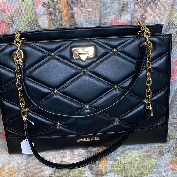 Michael Kors Serena Large Shoulder Bag Black Gold Tone Hardware New! Retail $678 - Picture 4 of 14